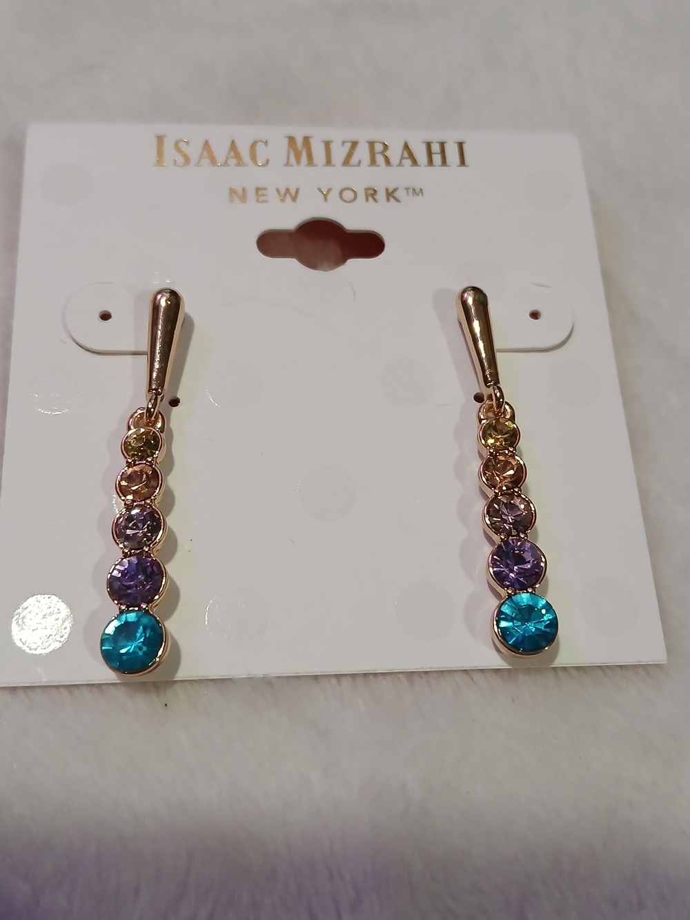 Isaac Mizrahi Rose Gold Tone Earrings - Blue, Purple & Champagne Crystals - NWT